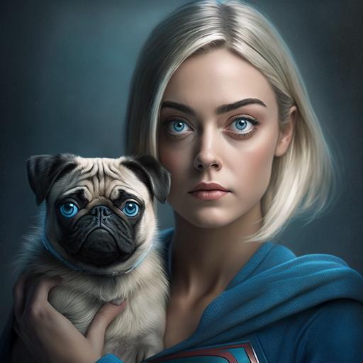 a superhero named pug girl who is a blonde girl with blue eyes that saves pugs from harm