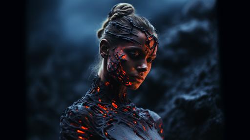 a surreal fire woman, shaped volcano with skin made of dark black rock and lava flows out of the cracks in the rocks. Sad face. The upper body. No leg. Dark background. Bent posture. --s 250 --v 5.2 --ar 16:9 --style raw