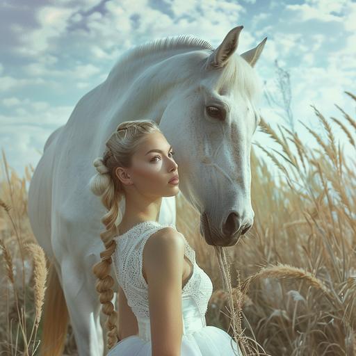 a surreal juxtaposition of a beautiful blonde woman and a white horse