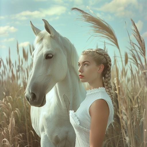 a surreal juxtaposition of a beautiful blonde woman and a white horse