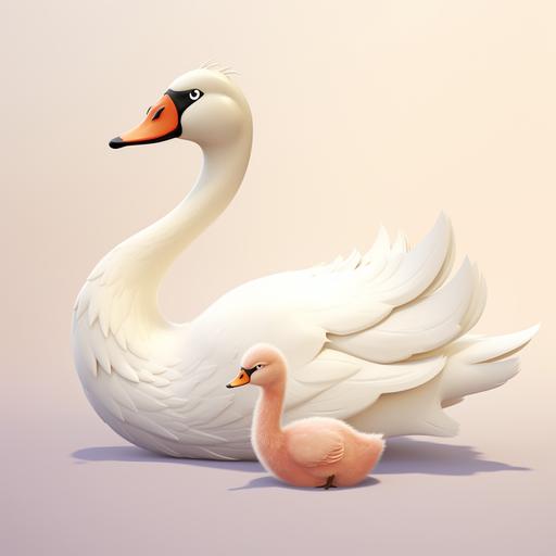 a swan with a baby swan, cartoon style, disney style, white backround, high quality, 3d rendered