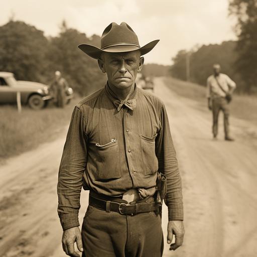 a sweaty man stands on an Alabama dirt road in a humid summer day, this is the southern sheriff of this small town, he looks at the camera with suspicion and barely contained snarling anger, he has his sheriff star on his lapel and a bull whip attached to his belt, the photograph is from the early 1920s and is a bit worn sepia photograph, documentary