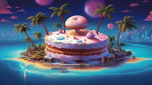 a sweet dream world island unicake, Epic work, artist's work, award - winning work. hyper-realistic photorealism, Chris LaBrooy ::3 Dave Perillo hyper-realism, The sweet dream world island unicake, composition is simple yet layered. roofs drizzled with strawberry jam, bioluminescent rocks, trees by Barbara Takenaga, The sky has colorful celestial bodies and a huge moon, Layering, Spatiality, Stereo layering, Far distance effect, Extremely complex detail, realistic, candy Chocolate peaks and island by Gino Severini, cookie simple fairy tale tiny deco, an oil sheen on a lake by James Nares, 3D::4 --q 2 --v 5.1 --style raw --ar 16:9 --s 1000