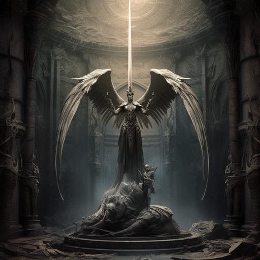 a sword held by a stone statue with half angel wings and half devil wings found in dungeon, A spellbinding scene, The backdrop is a colossal portal, The atmosphere is palpable with visual manifestations of sorrow and euphoria, This artwork combines gothic intricacies with sci-fi elements, rendered in high-detail to capture the raw emotion and otherworldly setting --v 5.0