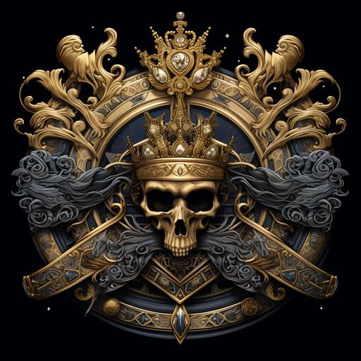 a symbolic logo, a majestic and intricate crown at the center of the logo, highly detailed, featuring ornate designs and perhaps precious gemstones to symbolize royalty and authority, Surround the crown with an array of machine guns, each strategically placed to form a circular border around the crown, give the background an eerie and mystical glow, create a sense of mystery and intrigue, suggesting that the Royal Cartel operates in the shadows and holds significant influence, dark and rich color scheme, deep purples, blues and blacks, include Typography: Incorporate a bold and regal font with 