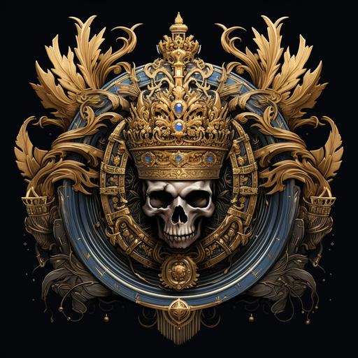 a symbolic logo, a majestic and intricate crown at the center of the logo, highly detailed, featuring ornate designs and perhaps precious gemstones to symbolize royalty and authority, Surround the crown with an array of machine guns, each strategically placed to form a circular border around the crown, give the background an eerie and mystical glow, create a sense of mystery and intrigue, suggesting that the Royal Cartel operates in the shadows and holds significant influence, dark and rich color scheme, deep purples, blues and blacks, include Typography: Incorporate a bold and regal font with 