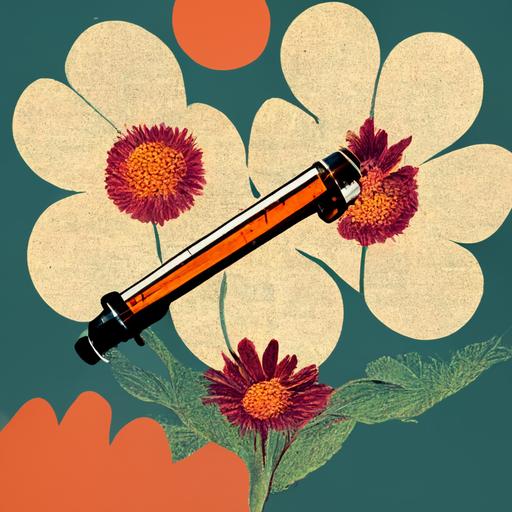 a syringe with flowers, cartoon, logo