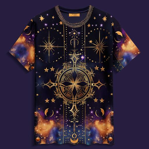 a t shirt for a cothing line with vibrant color scheme that includes gold ,Cosmic Patterns and Prints: Integrate celestial patterns such as galaxies, constellations, and nebulae into the fabric. Use metallic and iridescent materials to mimic the shimmering qualities of stars. Earthly and Extraterrestrial Fusion: Blend earthly elements like flora and fauna with futuristic and alien-inspired motifs. Create juxtapositions of natural textures with metallic accents. Ancient Symbols and Glyphs: Incorporate mysterious symbols or hieroglyphs reminiscent of the extraterrestrial communication throughout the collection. Use these symbols to tell a visual story on the garments. --v 6.0