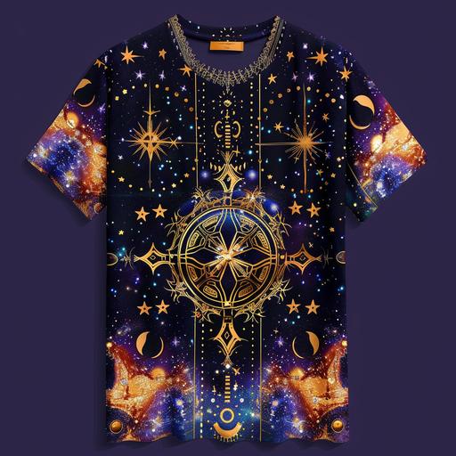 a t shirt for a cothing line with vibrant color scheme that includes gold ,Cosmic Patterns and Prints: Integrate celestial patterns such as galaxies, constellations, and nebulae into the fabric. Use metallic and iridescent materials to mimic the shimmering qualities of stars. Earthly and Extraterrestrial Fusion: Blend earthly elements like flora and fauna with futuristic and alien-inspired motifs. Create juxtapositions of natural textures with metallic accents. Ancient Symbols and Glyphs: Incorporate mysterious symbols or hieroglyphs reminiscent of the extraterrestrial communication throughout the collection. Use these symbols to tell a visual story on the garments.