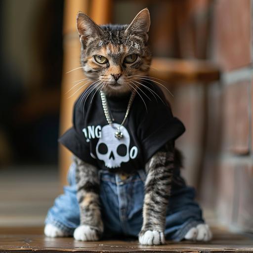 a tabby cat wearing jnco jeans and a black shirt with a white cartoon skull on it