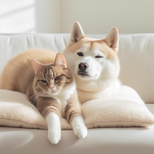 a tabby cat with white chest fir, give massage on a white Shiba dog. Cozy space