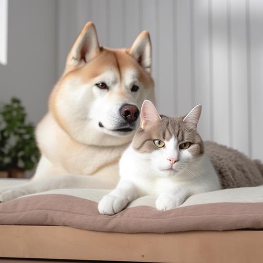 a tabby cat with white chest fir, give massage on a white Shiba dog. Cozy space