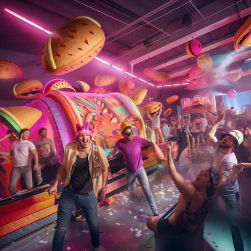 a taco bell with 80s style, lots of pink theme, customers wearing 80s clothing , slides into taco ball pits , giant taco character mascots dancing arounfd, large inflatable tacos hanging from ceiling, big fat people eating tacos