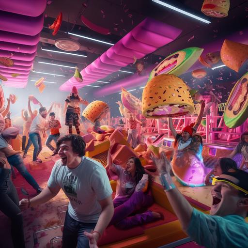 a taco bell with 80s style, lots of pink theme, customers wearing 80s clothing , slides into taco ball pits , giant taco character mascots dancing arounfd, large inflatable tacos hanging from ceiling, big fat people eating tacos