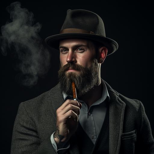 a tall 36 year old white male pipe smoker. He has a short and neat black beard and is wearing a dark grey hat in a modern fitting