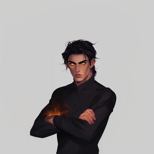 a tall beautiful asian male in his late 20s defined broad square jawline, black hair and yellow eyes. arms crossed in front view, black uniform, shocked and angry look, cartoon style, matte finish, white background