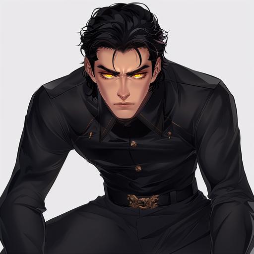 a tall beautiful asian man in his late 20s defined square jawline, black hair and yellow eyes, black uniform tackle someone to the ground, hands and knees on the ground, full picture, full body, cartoon style, matte finish, white background