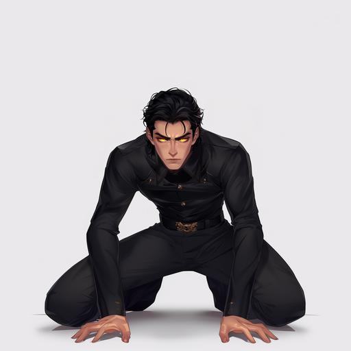 a tall beautiful asian man in his late 20s defined square jawline, black hair and yellow eyes, black uniform tackle someone to the ground, hands and knees on the ground, full picture, full body, cartoon style, matte finish, white background