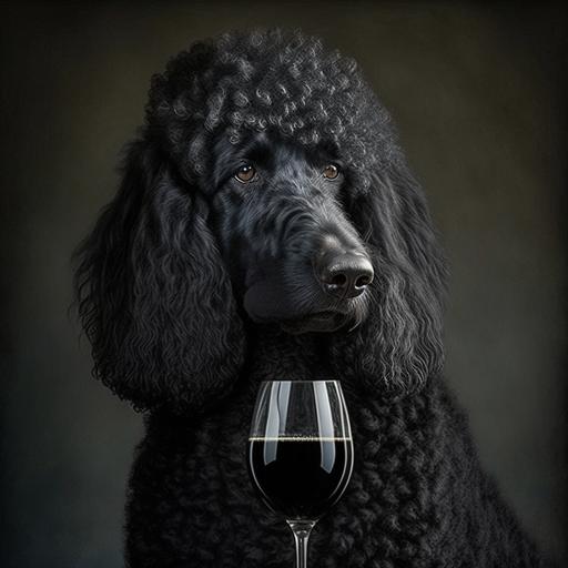 a tall black standard poodle, male, drinking a glass of wine