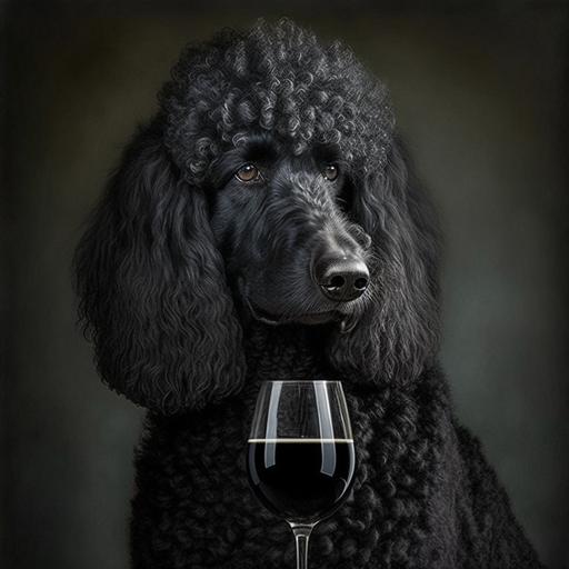 a tall black standard poodle, male, drinking a glass of wine