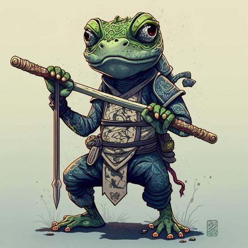 a tall mean ninja frog, standing up, smoking a joint, with a sword, traditional tattoo style.