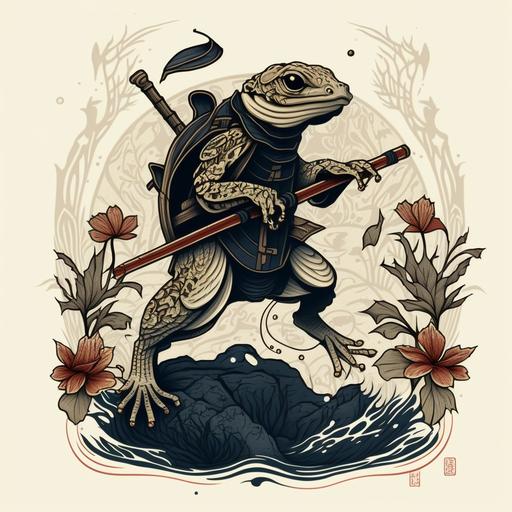 a tall mean ninja frog, standing up, with a sword, fighting a swan, traditional tattoo style.