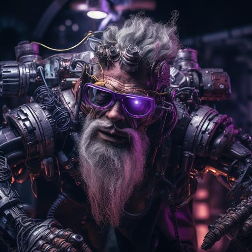 a tall muscluar giant man with purple skin, microscope binocular glasses on his eyes, chaotic hairstyle dark, metal prosthesis metal claws and electronics on one of his arms