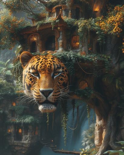 a tall tree house with a giant panther face, in the style of pop-inspired installations, detailed foliage, hyper-realistic water, thai art, rich and immersive, modernist sensibilities, art deco sensibilities --ar 51:64 --s 750 --v 6.0