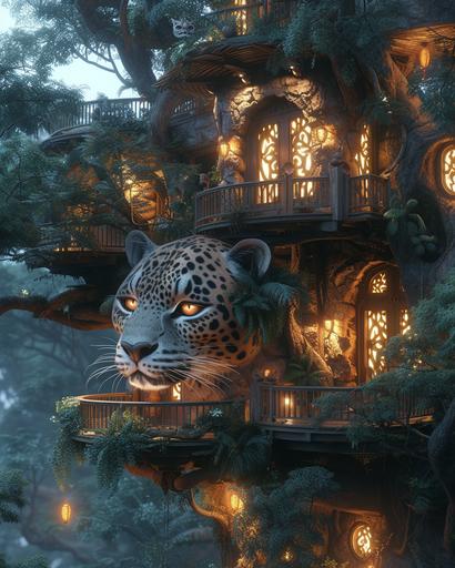 a tall tree house with a giant panther face, in the style of pop-inspired installations, detailed foliage, hyper-realistic water, thai art, rich and immersive, modernist sensibilities, art deco sensibilities --ar 51:64 --s 750 --v 6.0