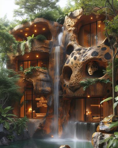 a tall tree house with a giant panther face, in the style of pop-inspired installations, detailed foliage, hyper-realistic water, thai art, rich and immersive, modernist sensibilities, art deco sensibilities --ar 51:64 --s 750 --v 6.0