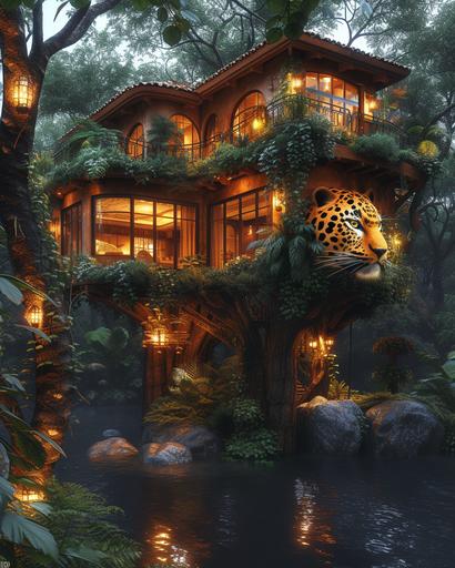 a tall tree house with a giant panther face, in the style of pop-inspired installations, detailed foliage, hyper-realistic water, thai art, rich and immersive, modernist sensibilities, art deco sensibilities --ar 51:64 --s 750 --v 6.0