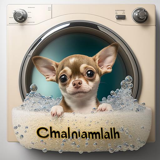 a tan and white chiuaha head on a wall mount, with Name plate. with shiny bubbles in photo. higher quality 8k super amazing cartoon of a baby chihuahua surrounded by crystal bubbles, cartoon inside of a laundry basket on top of a laundry machine with beautiful baby eyes and sparkly clean