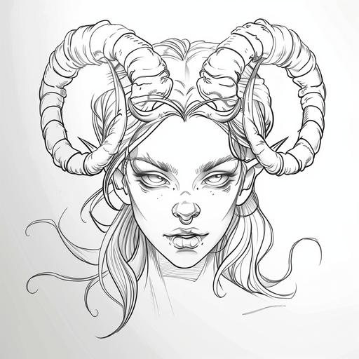 a tattoo design sketch of a woman with horns on her head, girl design lush horns, with horns, minimalist line art, unknown zodiac sign, horned ram goddess, antlers on her head, horns on its head, goat horns on her head, one line art, simple lineart, horned god, drawn with a single line, ancient antler deity