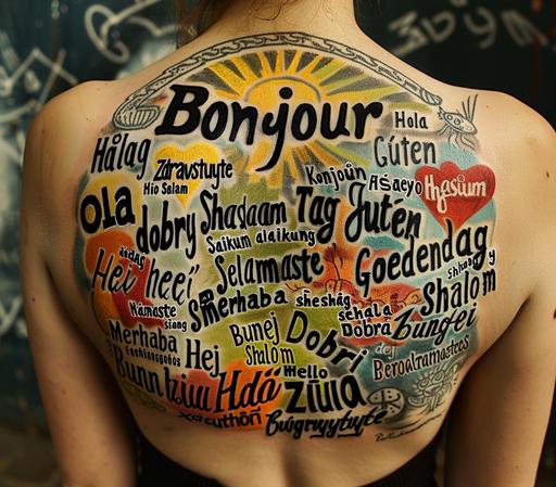 a tattoo in the back of an young beautiful japanese inspired by Banksy with the words 