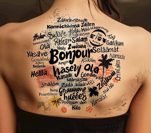 a tattoo in the back of an young beautiful japanese inspired by Banksy with the words 