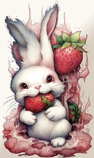 a tattoo of a kawaii white bunny eating a chocolate covered strawberry, hdr, cute, --ar 3:5 --v 5.2