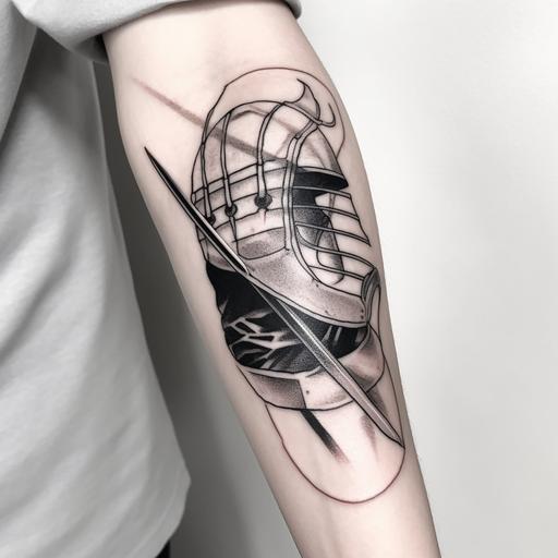 a tattoo on a forearm of a modern fencing sword and a foil fencing mask, black and white , detailed, shading, sharp --v 5