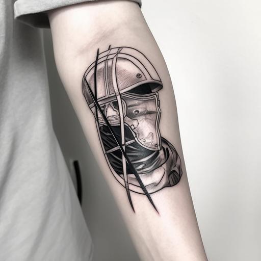 a tattoo on a forearm of a modern fencing sword and a foil fencing mask, black and white , detailed, shading, sharp --v 5