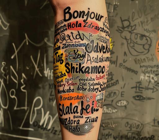 a tattoo on the left leg of an young beautiful japanese inspired by Banksy with the words 
