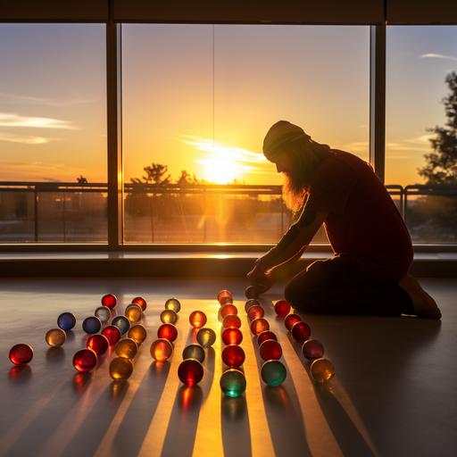 a teacher man arraging a lot of marble balls in a minimalistic office. Outside the window hippie style colouful sunrise