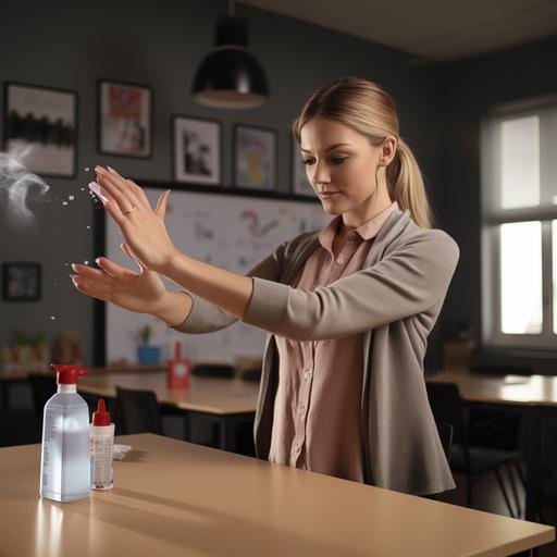 a teacher uses her right hand holding a little box of hand sanitizer to spray her left hand in a classroom,the style is a realistic photograph, front view, very detailed, 50mm lens in 8k