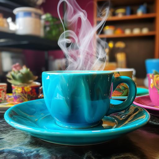 a teal blue coffee mug with saucer on a counter. the mug has colorful fumes coming out of the hot coffee in it