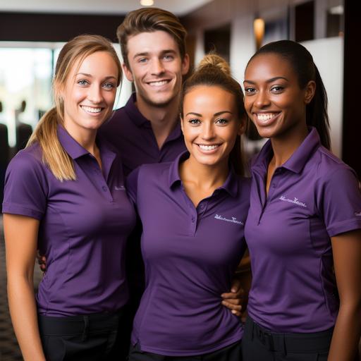 a team of diverse event host all with purple polo short on a a hotel ina group picture, pofesssional photography --s 250