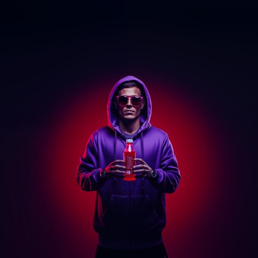 a technomusic guy in modern clothes standing infront of purple, red and dark-blue background, holding a small bottle of water. He is wearing funny glasses and a hoodie. This should be a ad poster for a brand, selling a softdrink with vodka. Target Group is the Techno Music Scene.