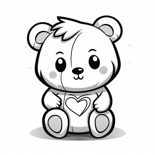 a teddy bear with a heart on his belly black and white kawaii style children's painting outline