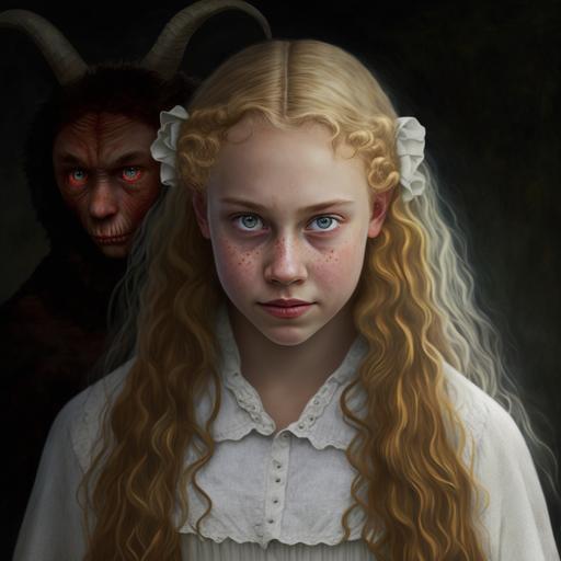 a teenage amish girl with blonde hair, brown eyes and freckles making a pact with a demon