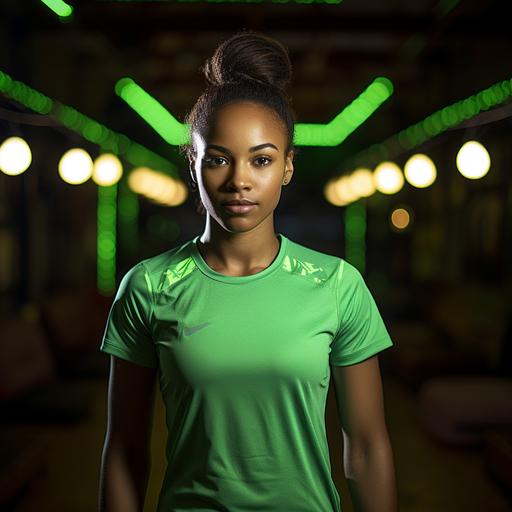 a teenage female fitness athlete portrait South African , Arri Alexa, 50mm lense, Christopher Nolan, lime neon green t-shirt , Full - body view portrait facing camera，Soweto south Africa setting, realistc rendering，8K resolution，High - detail，Photorealistic quality，Bioluminescence，Close - up shots， - ar16: 9