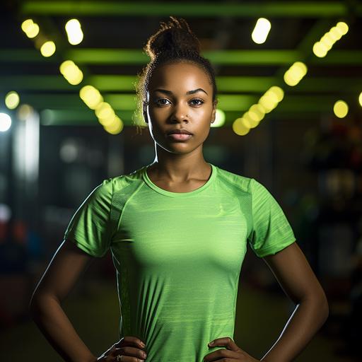 a teenage female fitness athlete portrait South African , Arri Alexa, 50mm lense, Christopher Nolan, lime neon green t-shirt , Full - body view portrait facing camera，Soweto south Africa setting, realistc rendering，8K resolution，High - detail，Photorealistic quality，Bioluminescence，Close - up shots， - ar16: 9