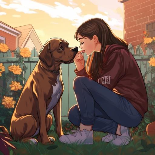 a teenage girl sitting in the garden with and her brown boxer dog licks her Face. Cartoon