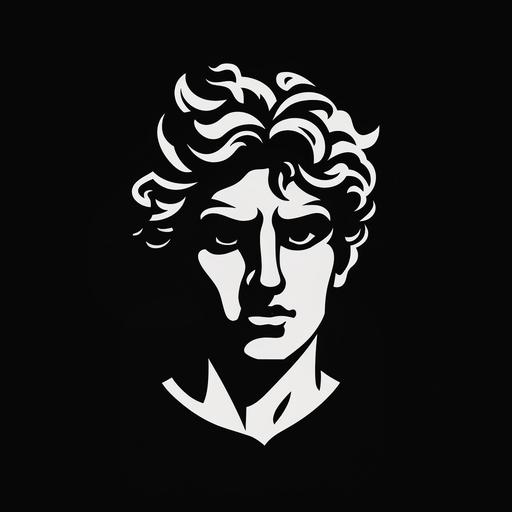 a teenage greek god face logo in black and white, black background, flat logo, vector logo, in the style of Chris Mitchell
